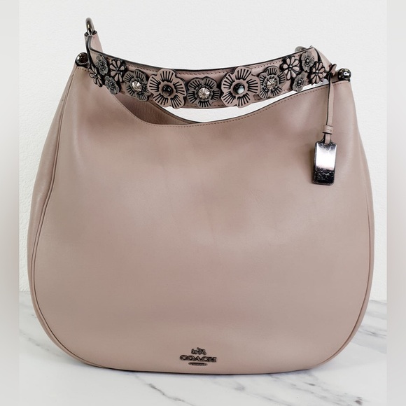 COACH Willow Floral Tea Rose Nomad Hobo Crossbody Birch Gray GloveTanned Leather